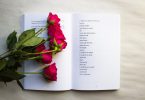 ein offenes Buch mit einem Liebesgedicht in englisch und sieben roten Rosen darauf