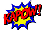 typisches Kapow aus einem Comic in gelb, blau und die Buchstaben und das Ausrufezeichen in rot