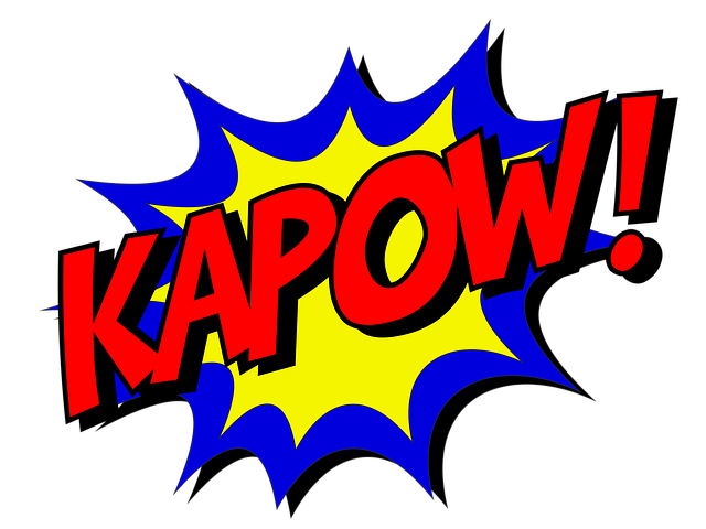 typisches Kapow aus einem Comic in gelb, blau und die Buchstaben und das Ausrufezeichen in rot