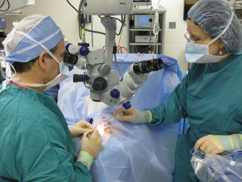 Arzt und Krankenschwester bei einer Kapillartransplantation mit modernster Technik