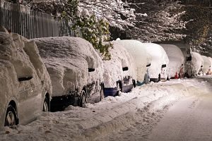 geparkte Autos mit Schnee bedeckt, verschneite Strasse und verschneite Bäume mit grünen Blättern