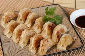 gyozas auf einem Pilz ähnlichem viereckigem Teller mit einem Petersilienblättchen auf der Seite 