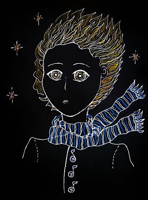 der Kopf und Oberköper des kleinen Prinzen auf einem schwarzen Hintergrund gemalt, drei Sterne um ihn herum und er trägt seinen blau weiss gestreiften Schaal