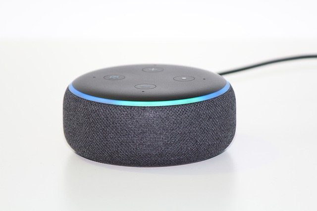 kleiner rundes graues stimm-kontooll-system um ein smart home mit der stimme zu kontrollieren