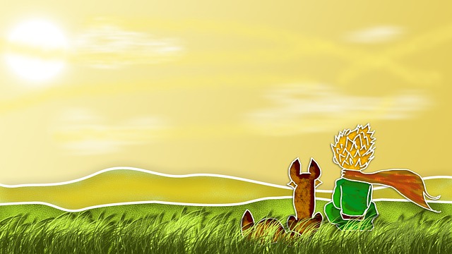 ein Bild auf dem der kleine Prinz zusammen mit dem Fuchs auf einer Wiese sitzt und sie beide in die Landschaft schauen