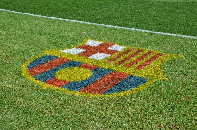 der grüne rasen des Stadions auf dem das Wappen des FCBarcelonas gemalt ist