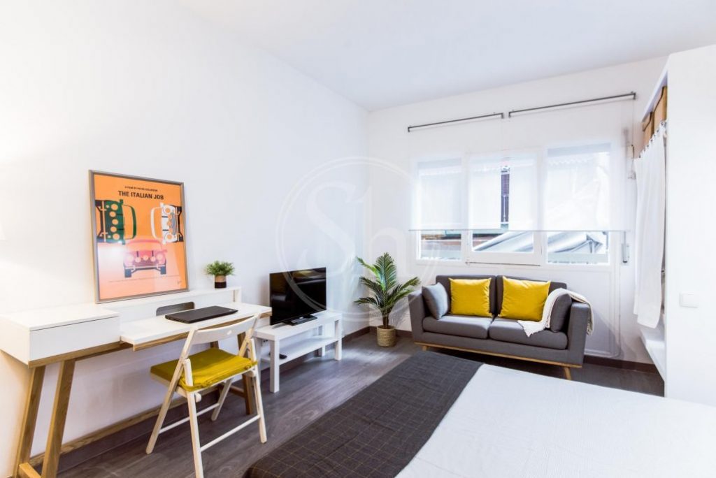 kleines Apartment mit Bett, Sofa, Fernseher, Schreibtisch und Stuhl